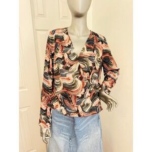 Halogen Abstract Marble Print Faux Wrap Blouse V-Neck Long Sleeve Multicolor S